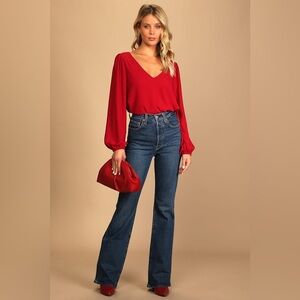 Lulus Stylish and Sincere Berry Red Long Sleeve V-Neck Top, Size XS